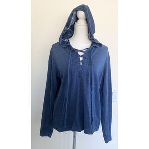 Cloth and Stone Soft Hoodie Womens M Chambray Blue Tie Neck Shirt Lightweight‎